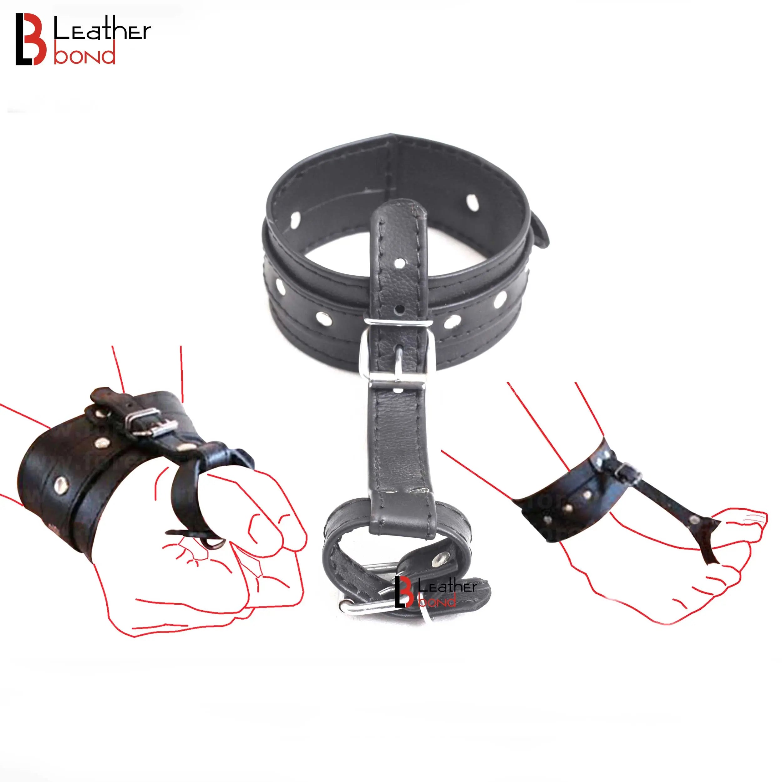 Ankle to Toe and Wrist to Thumb Cuff Strap Restraint Bondage Hand & Ankle Set Made of Real Cowhide Leather