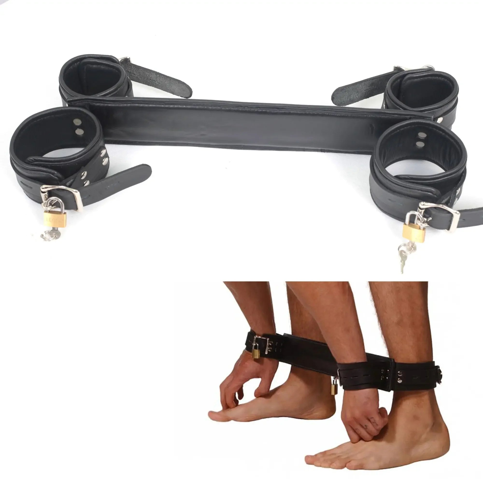Real Cowhide Leather Padded Wrist & Ankle Cuffs Restraints with Spreader or Leg Spread Bar