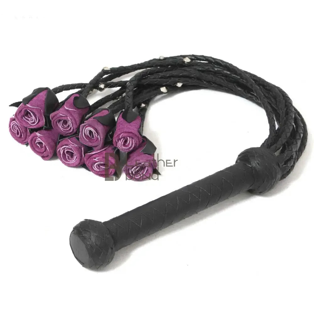 Real Genuine Cowhide Leather Flogger 9 Braided Falls Heavy Purple Roses & Steel Studs Cat-o-nine Tails Flog