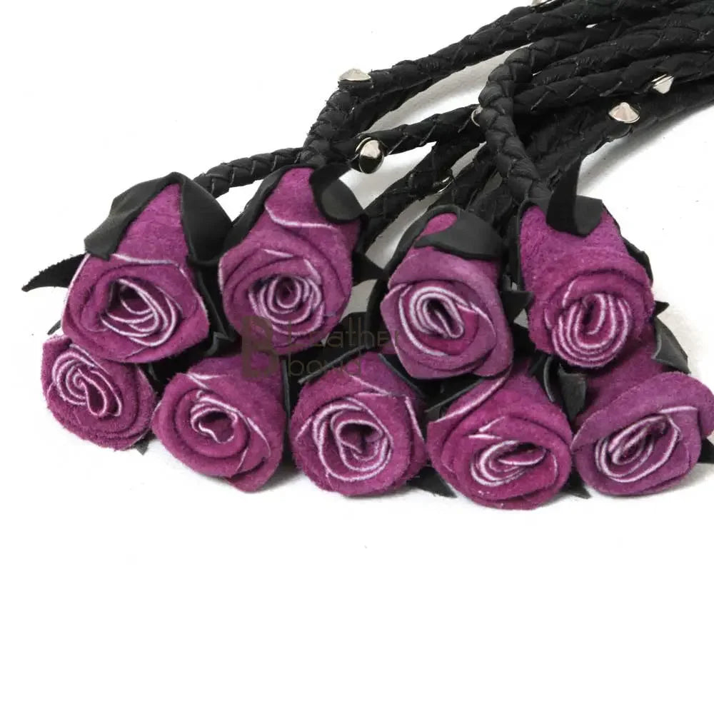 Real Genuine Cowhide Leather Flogger 9 Braided Falls Heavy Purple Roses & Steel Studs Cat-o-nine Tails Flog