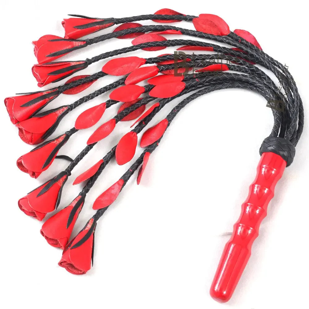 Real Genuine Cow Hide Leather Flogger 9 Braided Falls & Red Rose Heavy Duty Cat-o-nine Tails Flogger