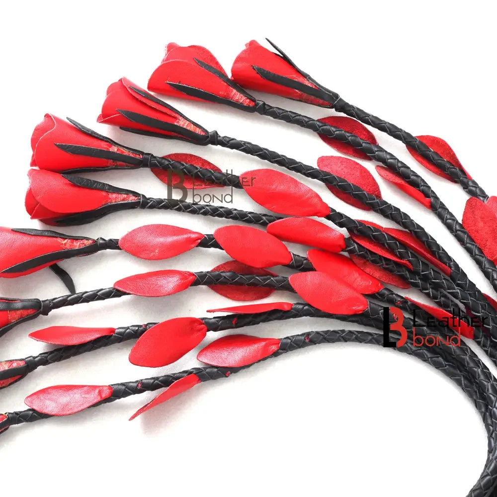 Real Genuine Cow Hide Leather Flogger 9 Braided Falls & Red Rose Heavy Duty Cat-o-nine Tails Flogger