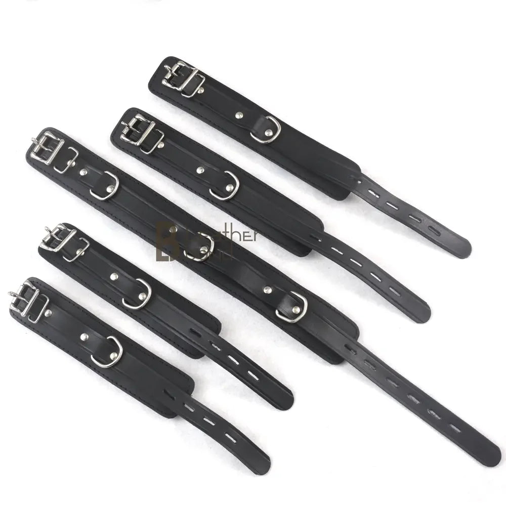 Real Cowhide Leather Wrist and Ankle Cuffs with Neck Collar Restraint Bondage Set Black 7 Piece Padded Cuffs with two connectors