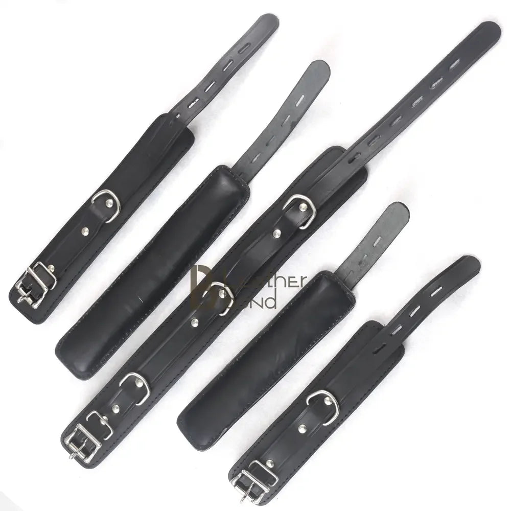 Real Cowhide Leather Wrist and Ankle Cuffs with Neck Collar Restraint Bondage Set Black 7 Piece Padded Cuffs with two connectors