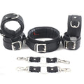 Real Cowhide Leather Wrist and Ankle Cuffs with Neck Collar Restraint Bondage Set Black 7 Piece Padded Cuffs with two connectors