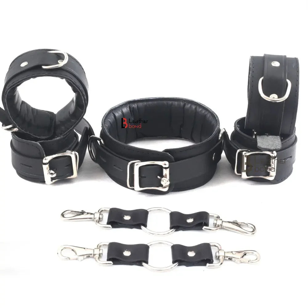 Real Cowhide Leather Wrist and Ankle Cuffs with Neck Collar Restraint Bondage Set Black 7 Piece Padded Cuffs with two connectors
