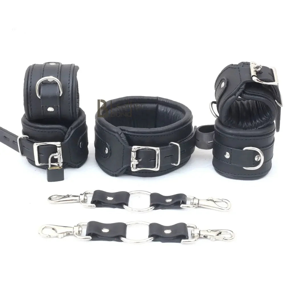 Real Cowhide Leather Wrist and Ankle Cuffs with Neck Collar Restraint Bondage Set Black 7 Piece Padded Cuffs with two connectors