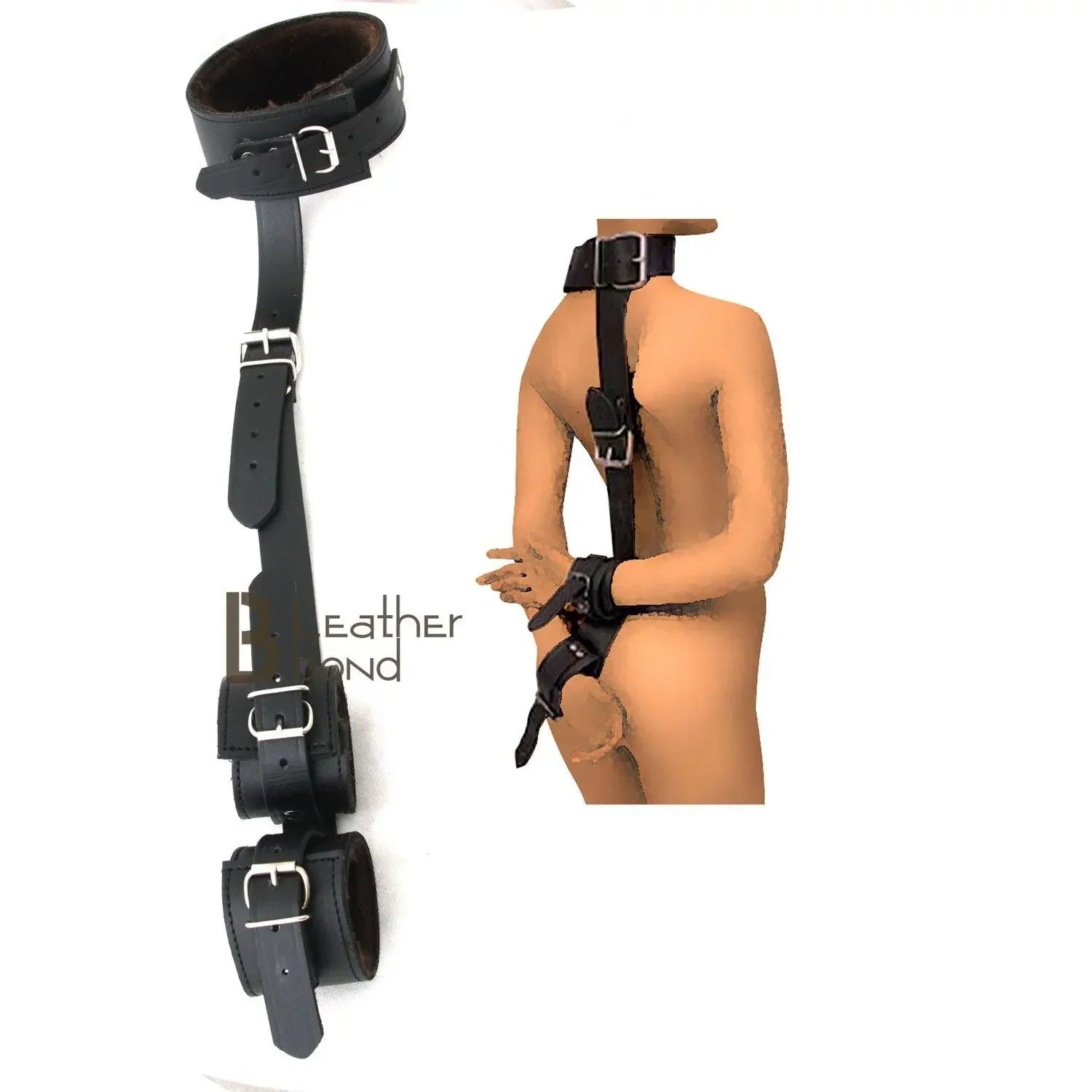 100% Genuine Leather Neck Collar Wrist Cuffs Restraint Bondage Back Slave BDSM