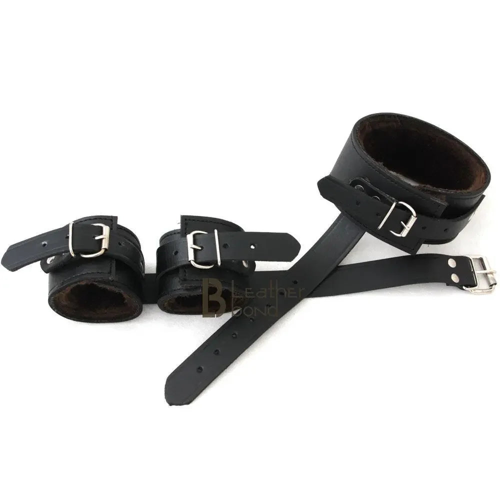100% Genuine Leather Neck Collar Wrist Cuffs Restraint Bondage Back Slave BDSM