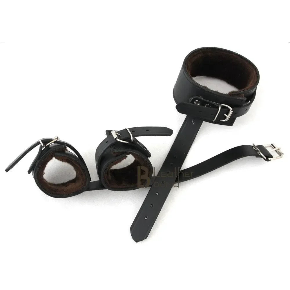 100% Genuine Leather Neck Collar Wrist Cuffs Restraint Bondage Back Slave BDSM