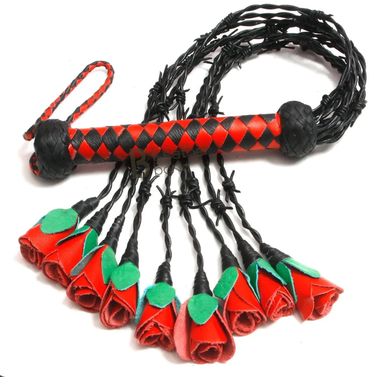 Real Genuine Cow Hide Leather Flogger 9 Braided Falls Heavy Roses & Thorny Cat-o-nine Tails Flog