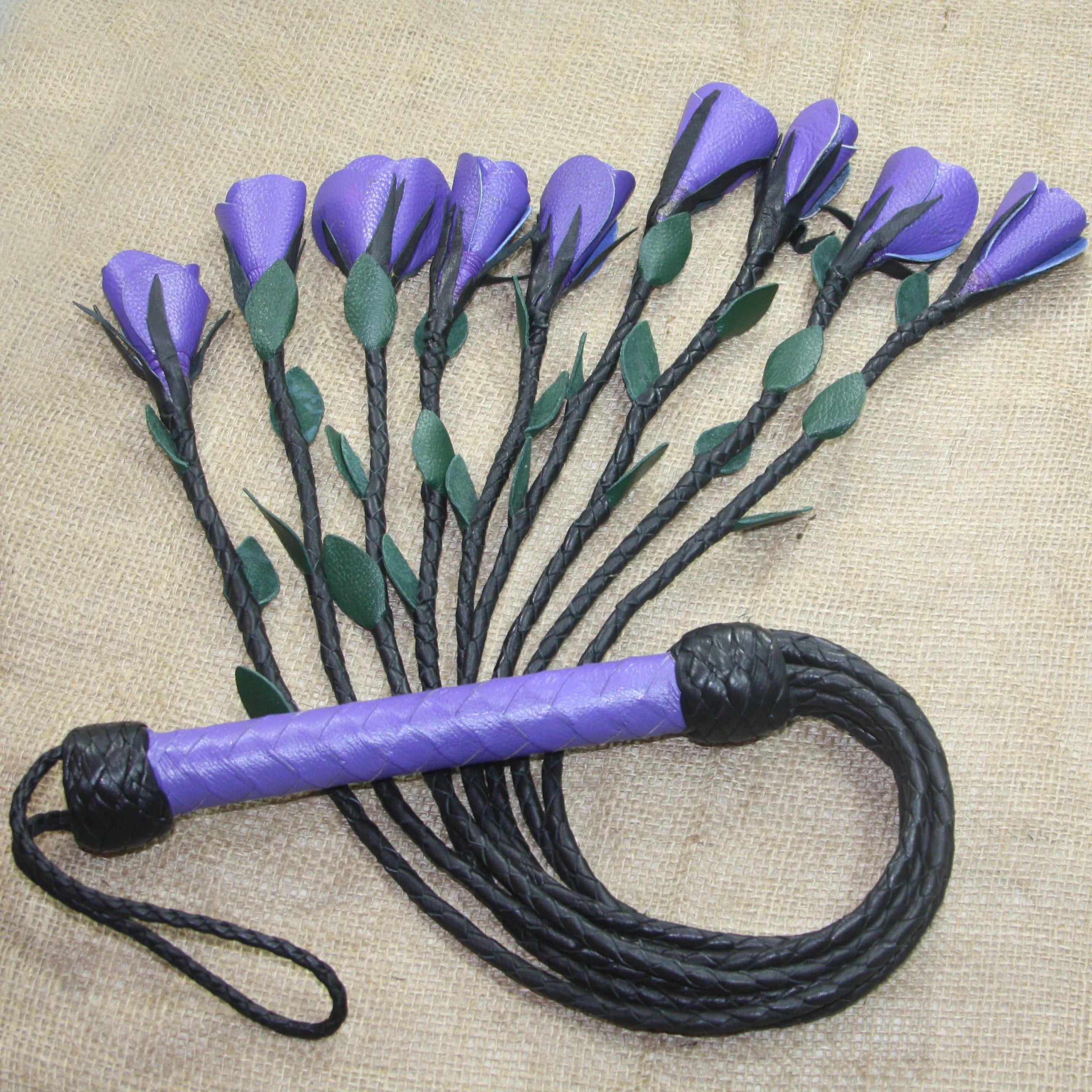 Real Genuine Cow Hide Leather Flogger 9 Braided Falls & Purple Roses Heavy Duty Cat O Nine Rose Flogger
