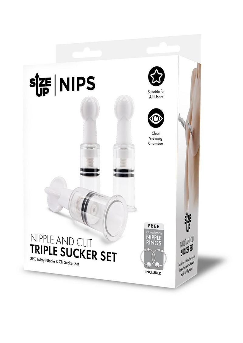 Size Up Nipple and Clit Triple Sucker Set 3PC Twisty Suckers with Rings